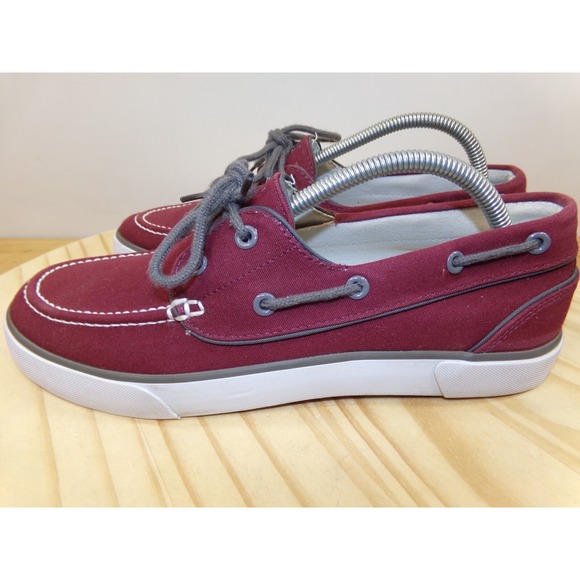 Polo Ralph Lauren Lander P Boat Shoes Mens Burgandy Size 9.5 D Canvas 2 Eye - Picture 1 of 10